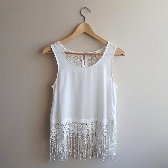 Monteau Tops - MONTEAU Sleeveless Blouse with Crochet Fringe and Lace Back in Cream White